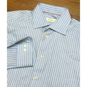 Eton Contemporary Blue/White Striped Button Up Dress Shirt Men's Sz 39 x 15 1/2